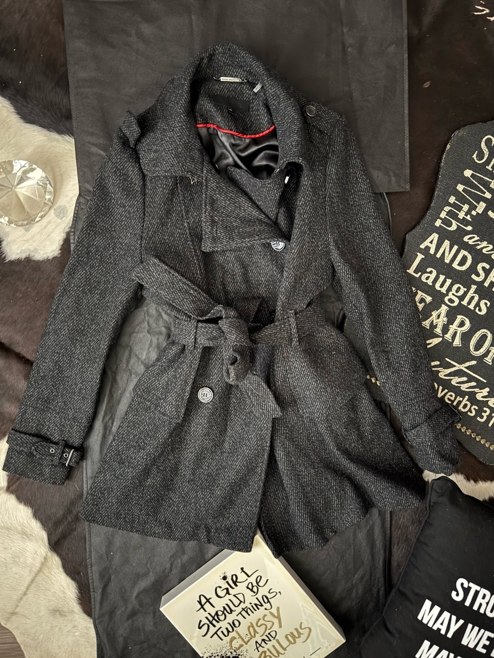 Steve Madden Charcoal Herringbone Belted Trench Coat